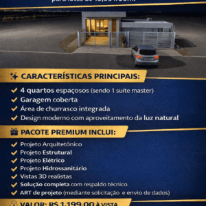 Projeto Moderno 213m² – 4 Quartos, Garagem e Churrasqueira- Pacote Premium