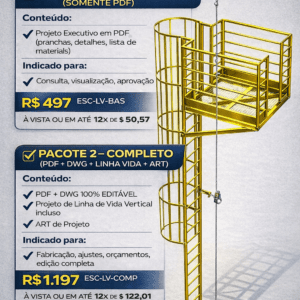 Projeto Plataforma Acesso Telhado: Escada Marinheiro 6,30m + Guarda Corpo + Linha Vida+ Memória Linha Vida Vertical - Pacote Profissional