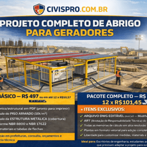PACOTE COMPLETO - Projeto Executivo Baia Geradores 8x8m (10t/m²) + Memórias de Cálculo + ARQUIVO DWG EDITÁVEL
