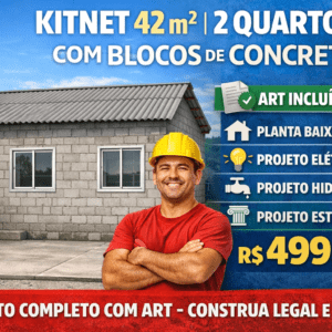 PROJETO KITNET 42m² – 2 QUARTOS – ESTRUTURA MODULAR EM BLOCOS DE CONCRETO