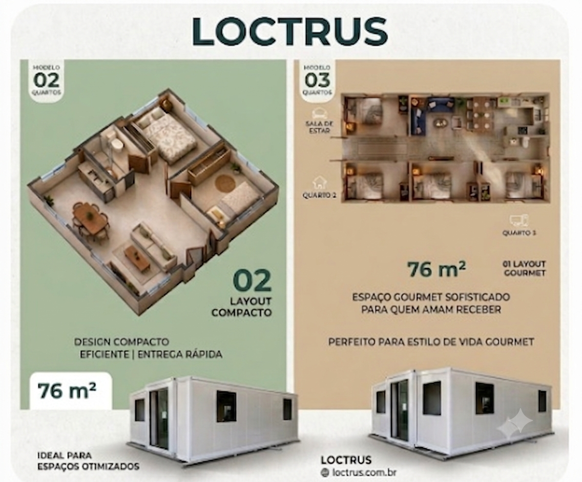 Layout dos modelos 76 m² - 2 e 3 quartos