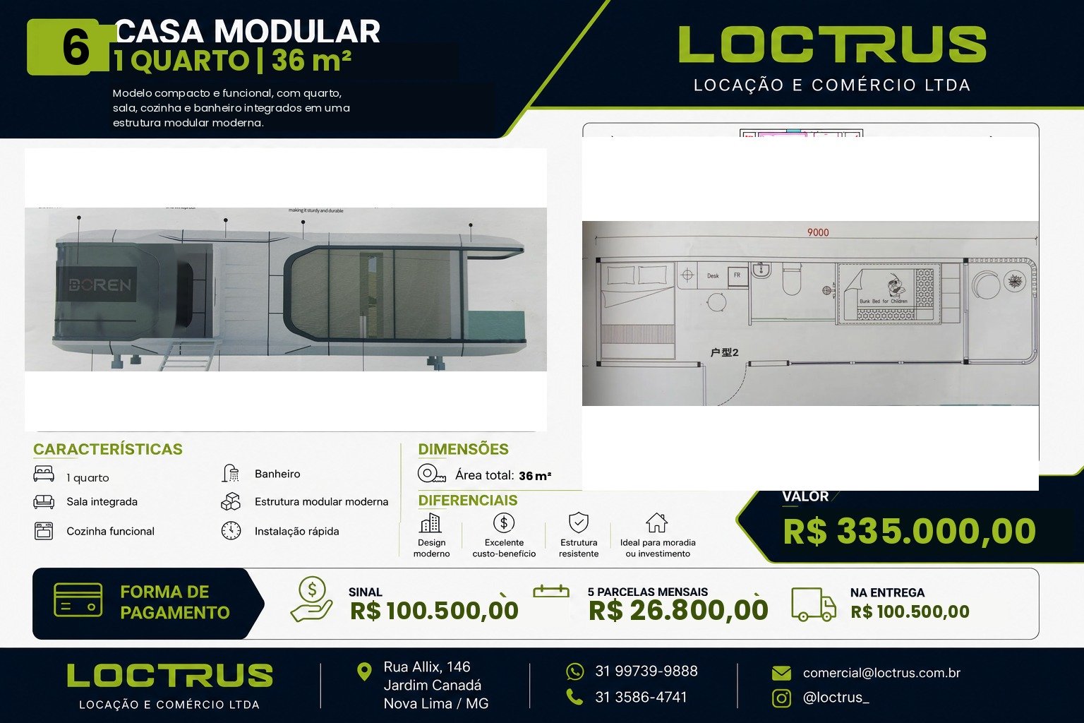 Casa Cápsula Pré-Fabricada LOCTRUS - 36 m² com 1 quarto