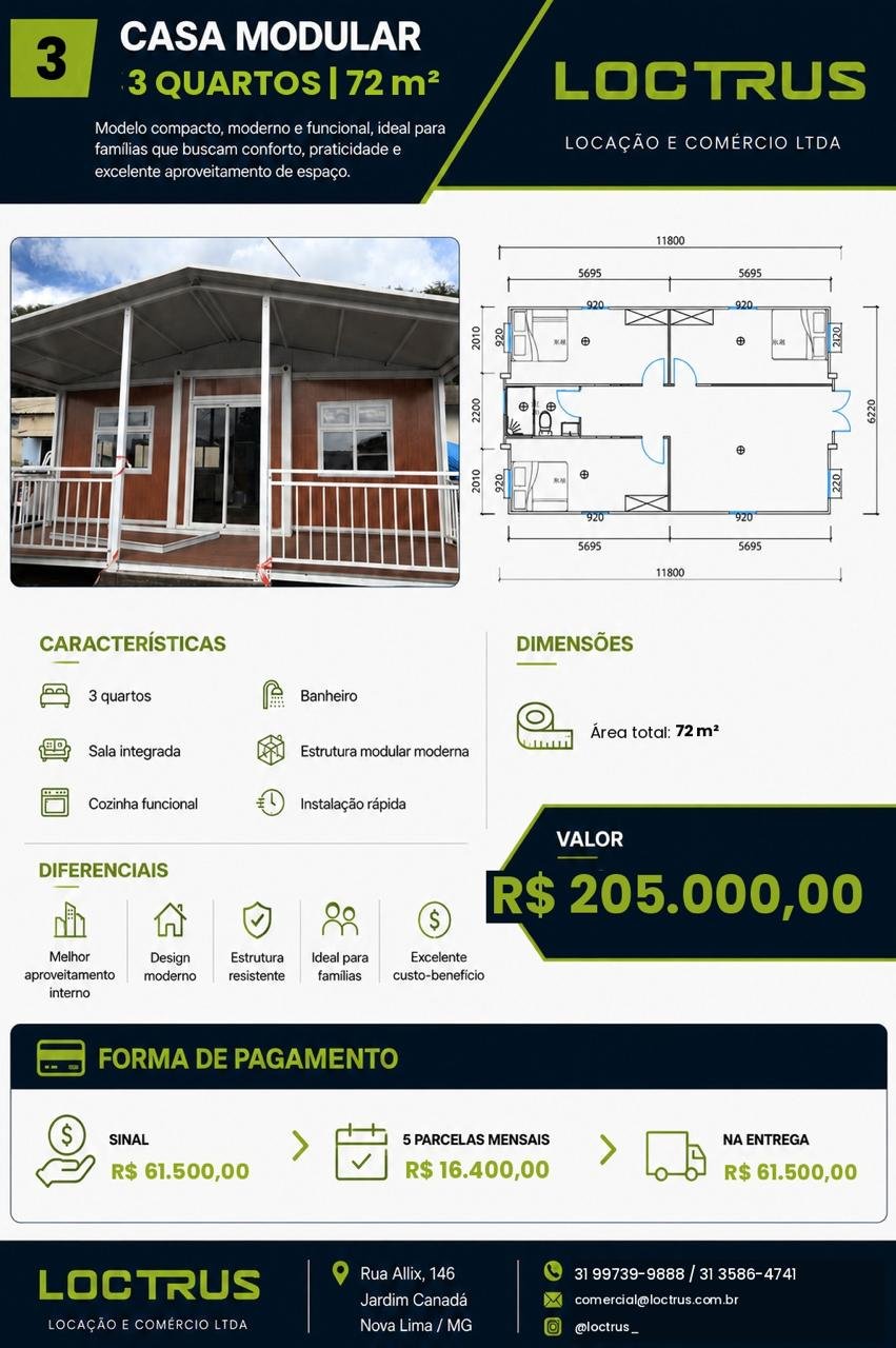 Casa Modular 3 Quartos 72 m² - Modelo LOCTRUS